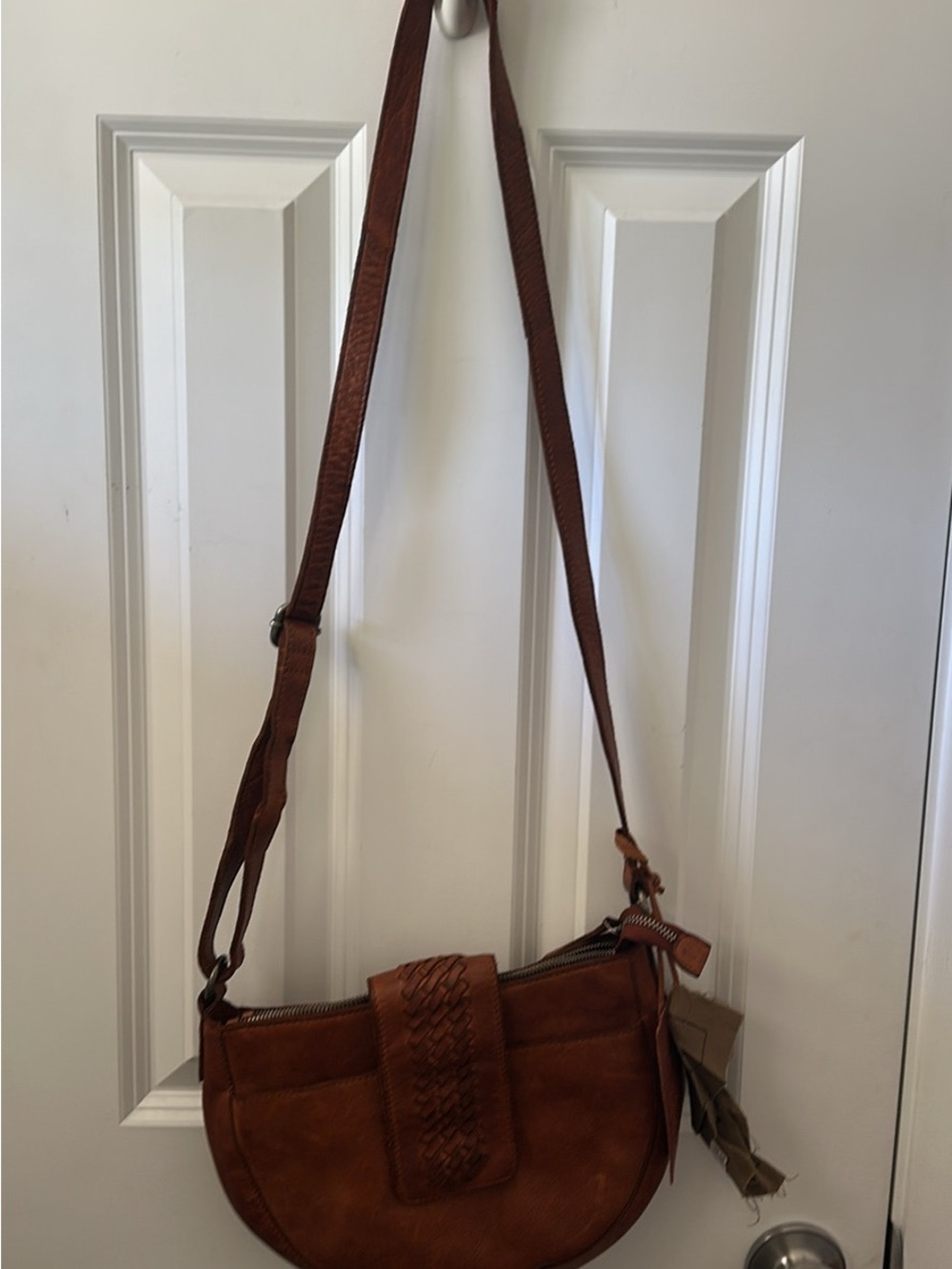 Woven Detail Tan Leather Crossbody Bag